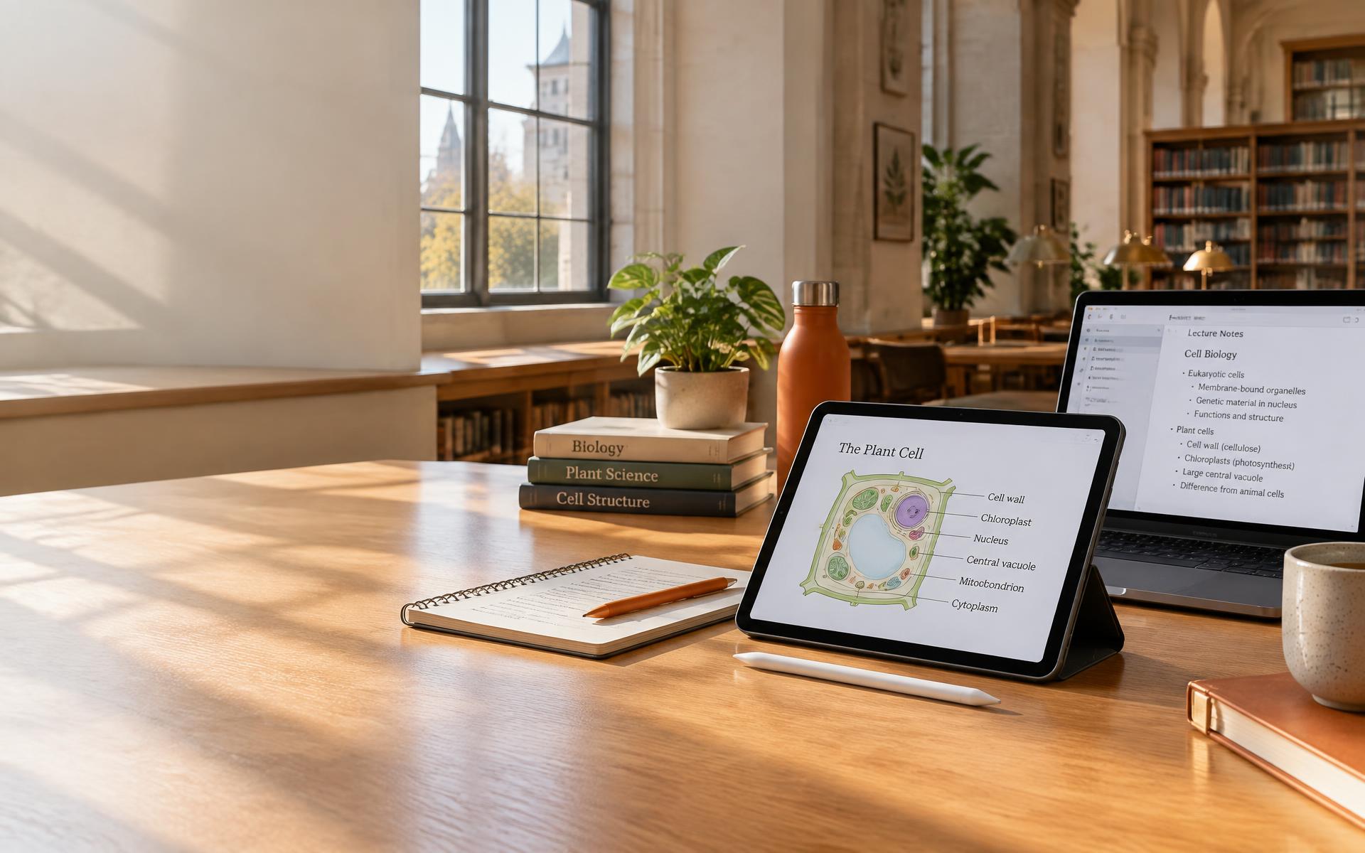 Tablet met college-dia en laptop met studienotities in een universiteitsbibliotheek